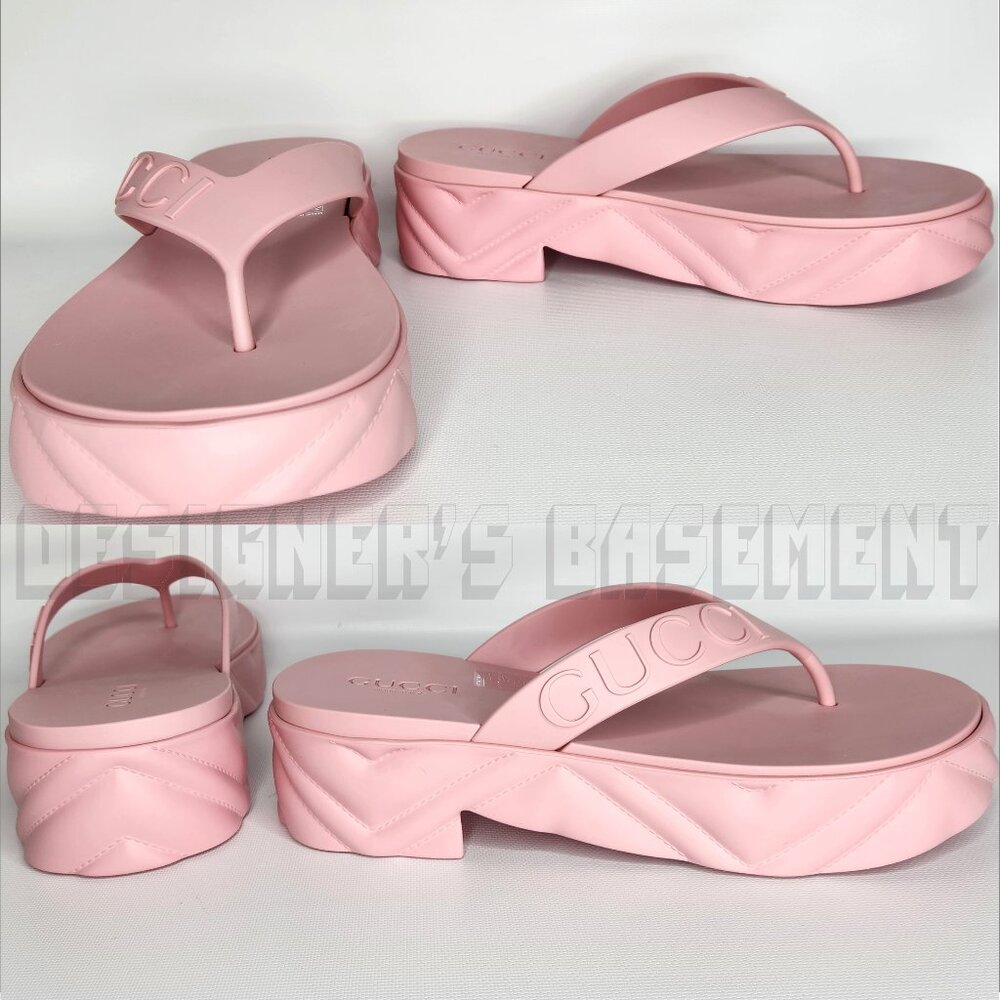 GUCCI pink rubber 38 -8US Logo Thong Matelasse quilt Platform Slides sandals NIB - Picture 4 of 13